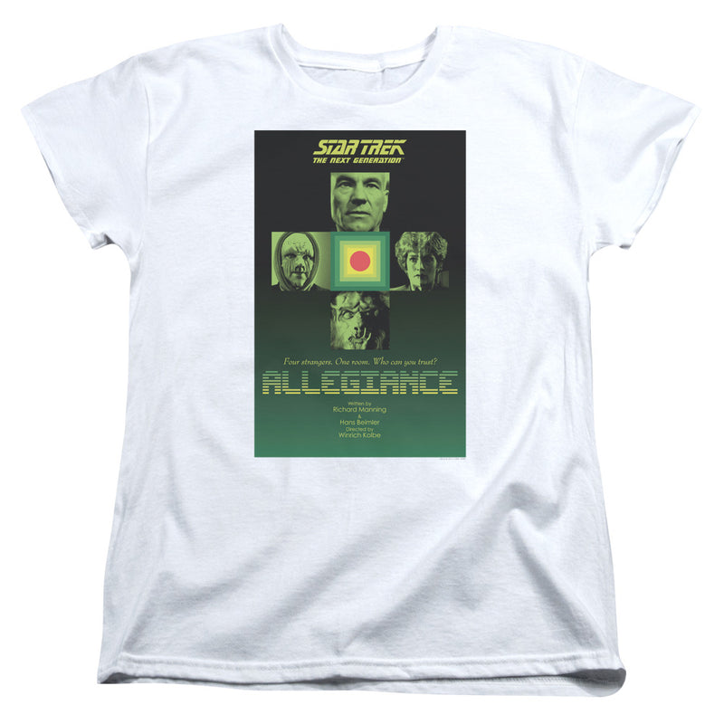 White t-shirt with green Star Trek: The Next Generation "Allegiance" poster showing four faces around a red dot.
