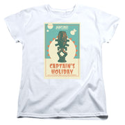 Women's-cut version of the white Star Trek: The Next Generation Captain's Holiday t-shirt with a more fitted silhouette.