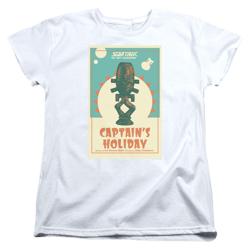 Women's-cut version of the white Star Trek: The Next Generation Captain's Holiday t-shirt with a more fitted silhouette.