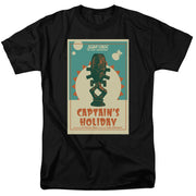 Black Star Trek: The Next Generation t-shirt with a retro-style poster design of a carved idol titled "CAPTAIN'S HOLIDAY" and Star Trek logo.