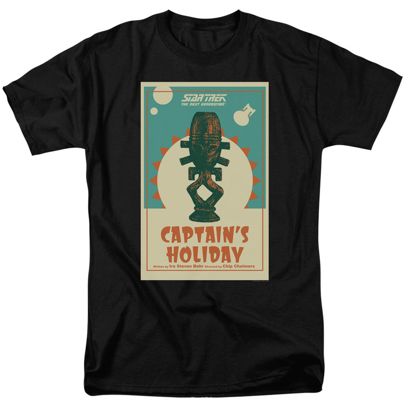 Black Star Trek: The Next Generation t-shirt with a retro-style poster design of a carved idol titled "CAPTAIN'S HOLIDAY" and Star Trek logo.
