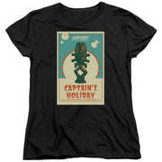 Women's fit version of the black Star Trek: The Next Generation t-shirt, showing the same 'Captain's Holiday' poster design