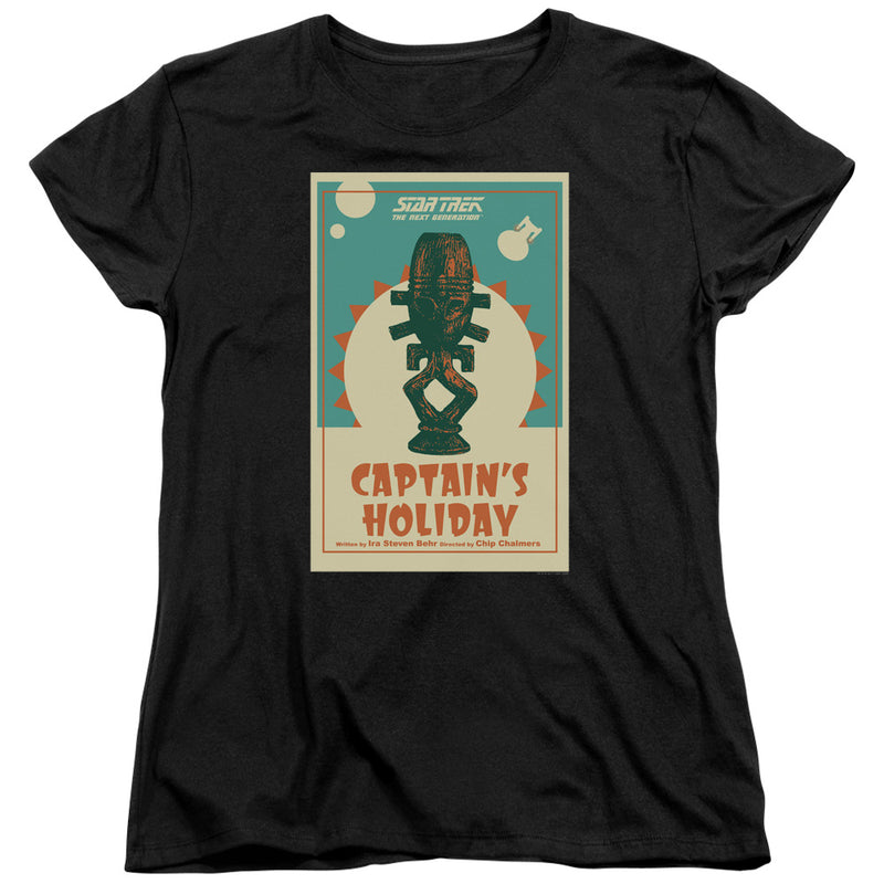 Women's fit version of the black Star Trek: The Next Generation t-shirt, showing the same 'Captain's Holiday' poster design