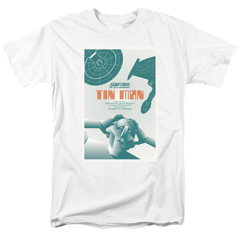 White short-sleeved t-shirt featuring a teal Star Trek: The Next Generation 'Tin Man' poster with the text 'TIN MAN' in orange.