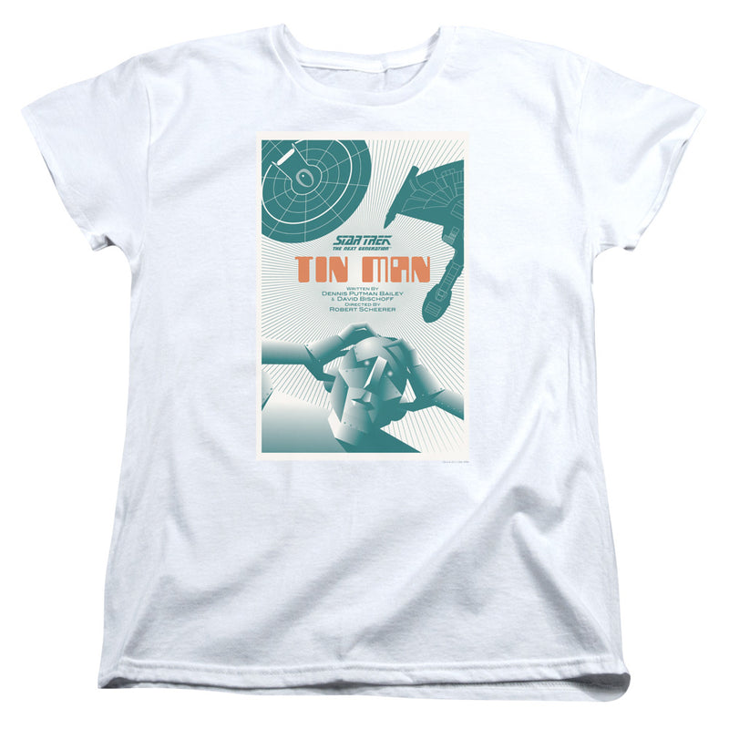 Women's fitted cut of the white Star Trek Tin Man t-shirt, showing the same teal and orange episode poster on a narrower body.