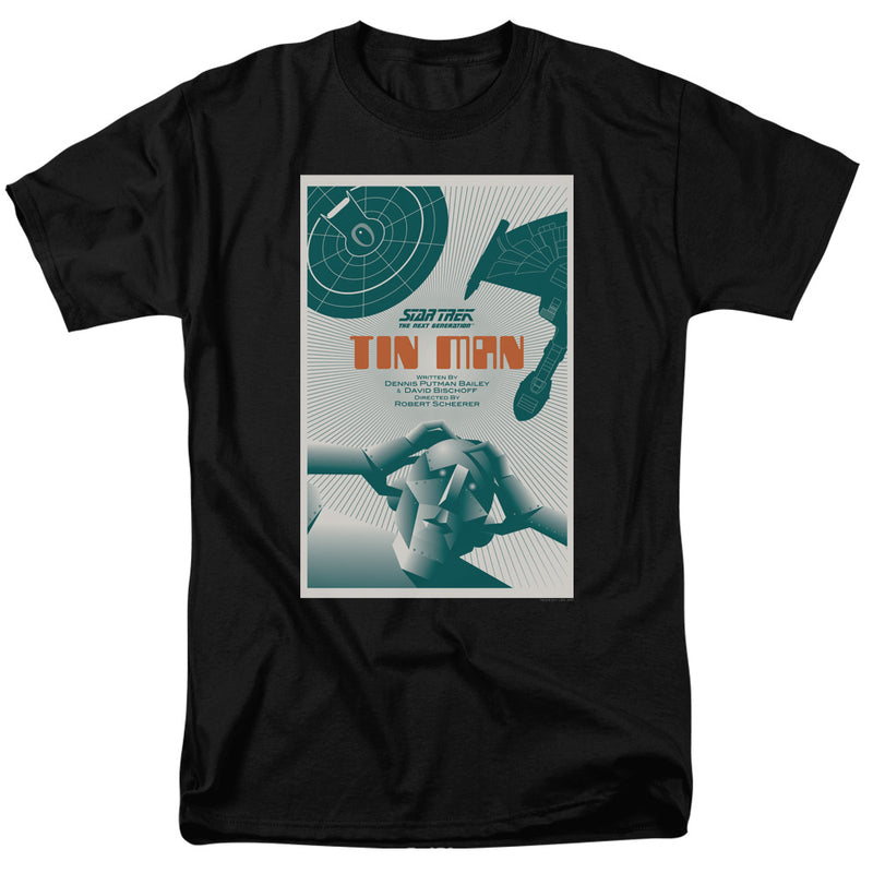 Black short-sleeved t-shirt featuring a Star Trek: The Next Generation Tin Man poster with the text 'Tin Man' in orange.