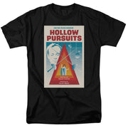 Black short-sleeved t-shirt featuring a Star Trek: The Next Generation 'Hollow Pursuits' poster with the title in red above a man's face.