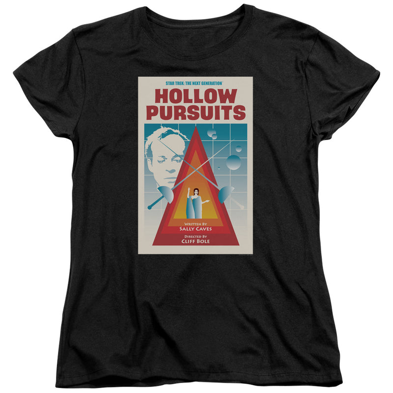 Women's fit version of the black Star Trek: The Next Generation 'Hollow Pursuits' t-shirt, showing the same poster design with the title in red.