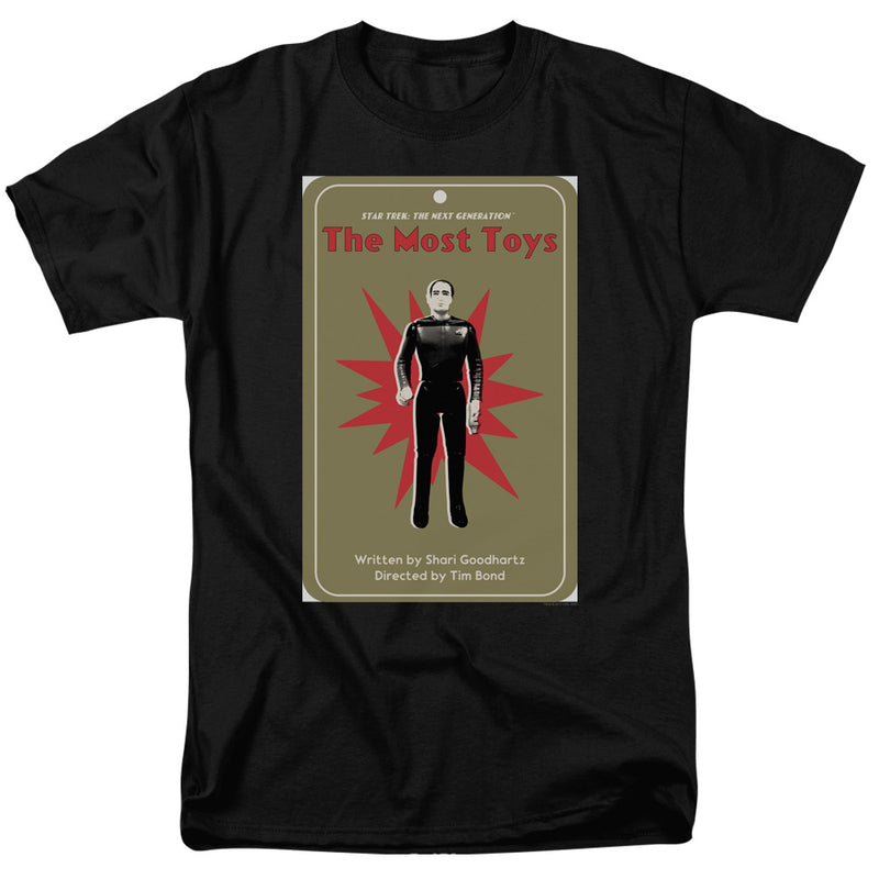 Black short-sleeved t-shirt featuring a toy-card graphic of a uniformed figure with the text 'The Most Toys' in red above it.