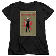 Women's fitted black t-shirt showing the same 'The Most Toys' toy-card graphic with a uniformed figure and red title.