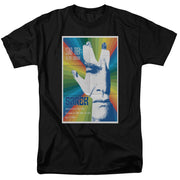 Black short-sleeved t-shirt featuring a Star Trek Sarek poster with a Vulcan salute over a rainbow sunburst.