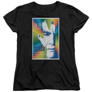 Black women's crew neck t-shirt with a Star Trek: The Next Generation Sarek poster print of a Vulcan hand salute over a rainbow sunburst background.