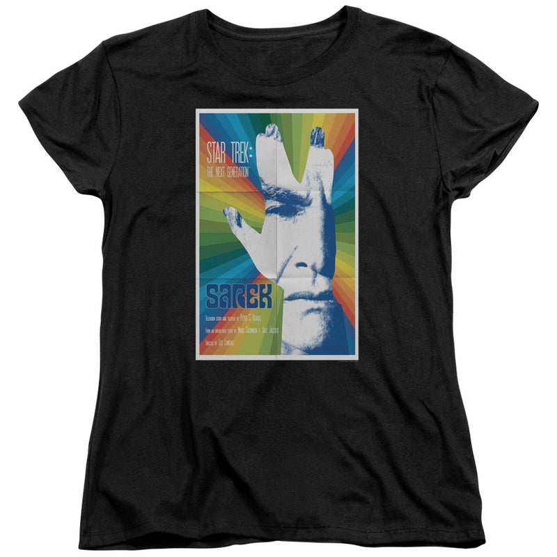 Black women's crew neck t-shirt with a Star Trek: The Next Generation Sarek poster print of a Vulcan hand salute over a rainbow sunburst background.