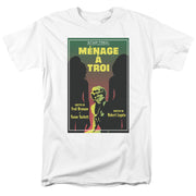 White tee with 'MÉNAGE À TROI' Star Trek poster art of two black silhouettes beside a yellow-green figure