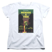White women's t-shirt with 'Star Trek: The Next Generation' poster graphic reading 'MÉNAGE À TROI' over two silhouettes.