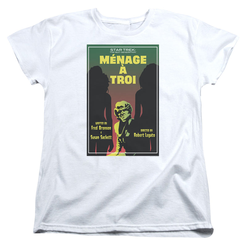 White women's t-shirt with 'Star Trek: The Next Generation' poster graphic reading 'MÉNAGE À TROI' over two silhouettes.