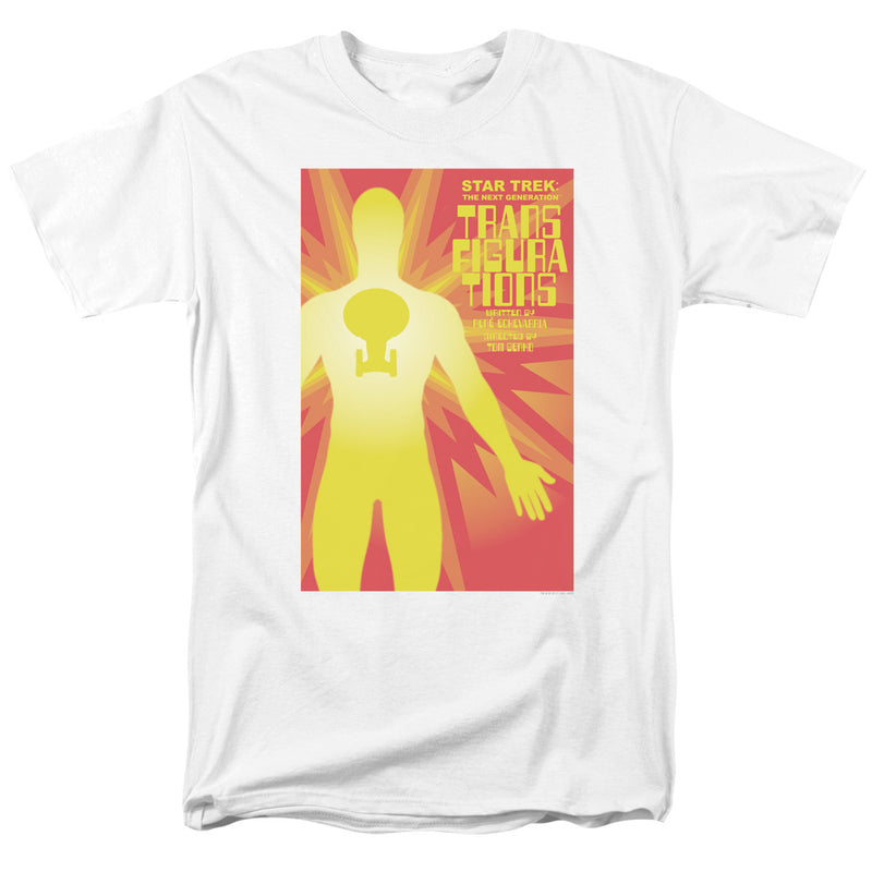 White tee with red starburst poster of glowing yellow figure bearing Starfleet insignia and 'TRANSFIGURATIONS' title text.
