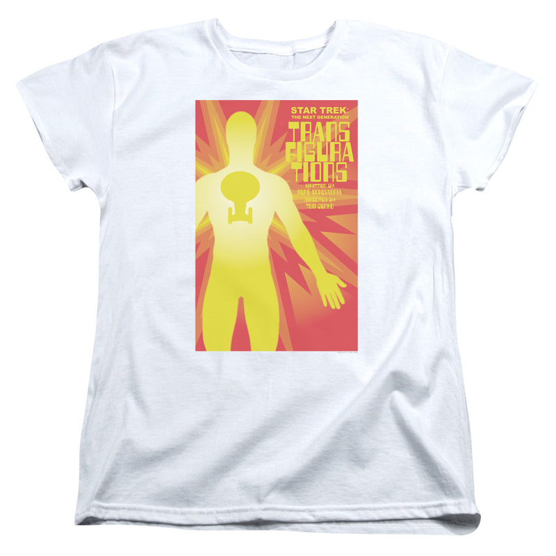 White tee with red starburst poster: yellow silhouette with Starfleet emblem, 'STAR TREK' and 'TRANSFIGURATIONS' text