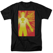 Black t-shirt with red starburst poster graphic of a glowing yellow figure with Starfleet insignia and text 'Transfigurations'