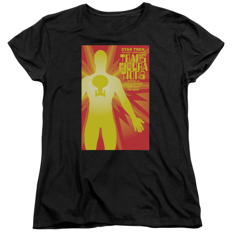Black tee with red and yellow poster graphic of glowing figure with Starfleet insignia and 'TRANSFIGURATIONS' text