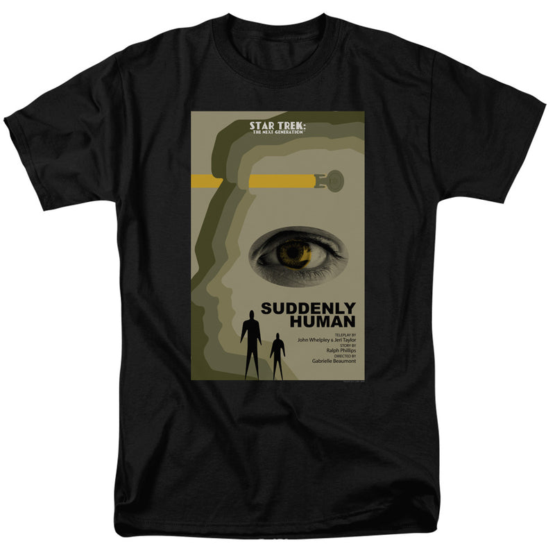 Black short-sleeved t-shirt featuring a Star Trek: The Next Generation poster with the text 'Suddenly Human' in black on the lower right.