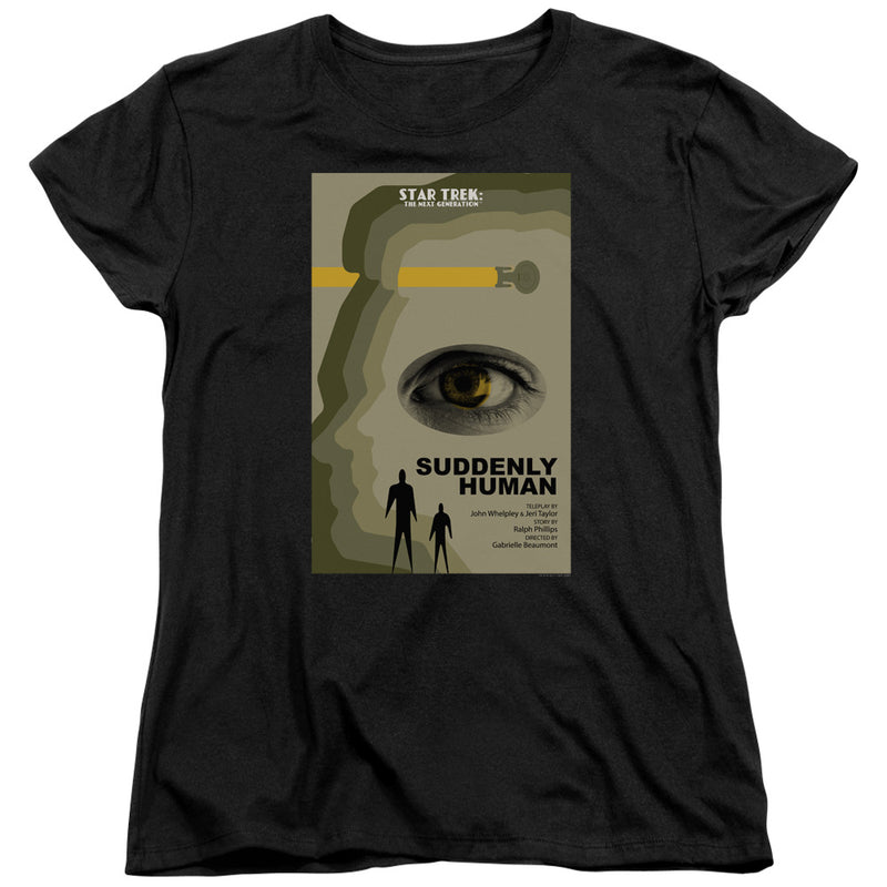 Black women's t-shirt with a Star Trek: The Next Generation 'Suddenly Human' episode poster showing a yellow-gold eye and two silhouetted figures.