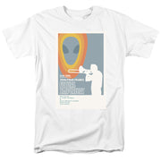 White short-sleeved t-shirt featuring a retro Star Trek: The Next Generation 'Future Imperfect' poster with an alien head and trombone player