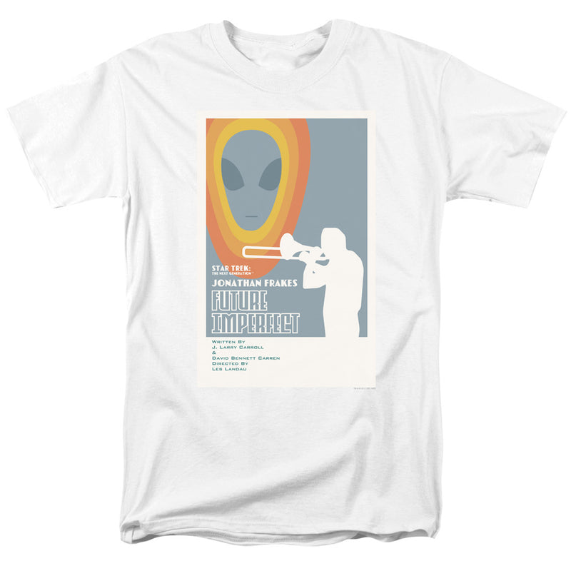 White short-sleeved t-shirt featuring a retro Star Trek: The Next Generation 'Future Imperfect' poster with an alien head and trombone player