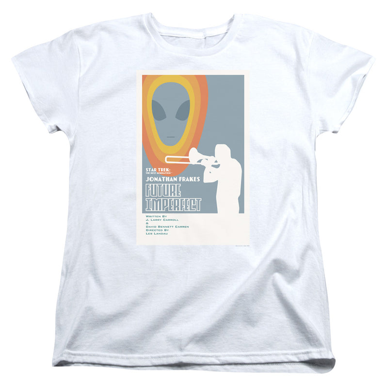 White t-shirt with Star Trek poster: orange alien head, trombone player silhouette, text 'FUTURE IMPERFECT'.