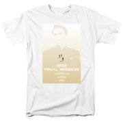 White t-shirt with gold poster graphic: "STAR TREK: THE NEXT GENERATION" and "FINAL MISSION" over a face silhouette.