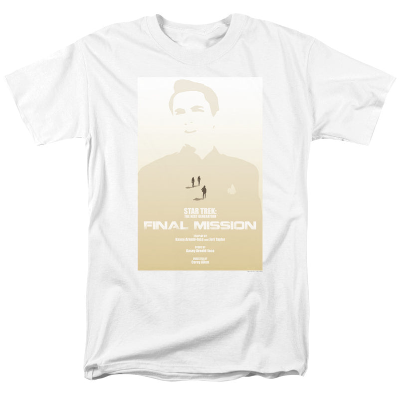 White t-shirt with gold poster graphic: "STAR TREK: THE NEXT GENERATION" and "FINAL MISSION" over a face silhouette.