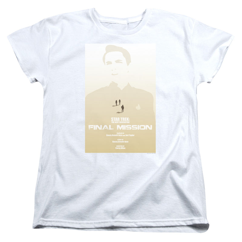 White tee with tan Star Trek: The Next Generation FINAL MISSION poster graphic of a faded face and two figures.
