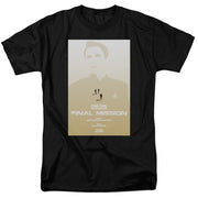 Black short-sleeved t-shirt featuring a Star Trek: The Next Generation Final Mission poster with the text 'FINAL MISSION' in white.