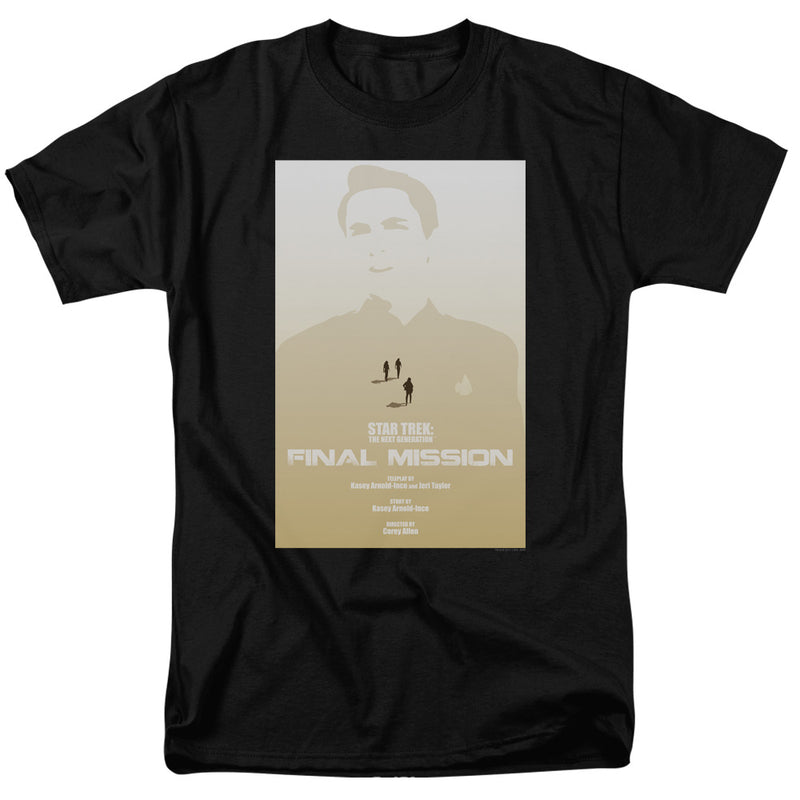 Black short-sleeved t-shirt featuring a Star Trek: The Next Generation Final Mission poster with the text 'FINAL MISSION' in white.