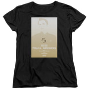 Women's fitted black t-shirt showing the same Star Trek: The Next Generation Final Mission poster on the front, with the cut shaped for a women's fit.