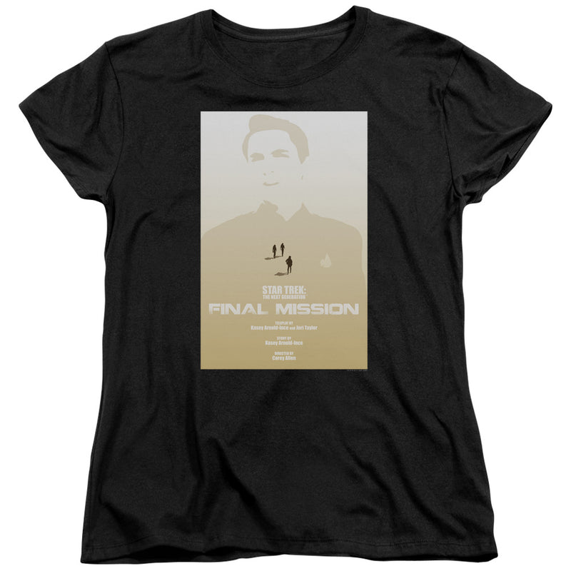 Women's fitted black t-shirt showing the same Star Trek: The Next Generation Final Mission poster on the front, with the cut shaped for a women's fit.