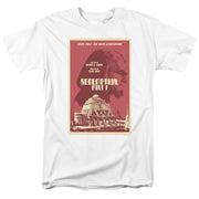 White tee with red and cream poster art: "STAR TREK: THE NEXT GENERATION" and "REDEMPTION, PART I" above a building.