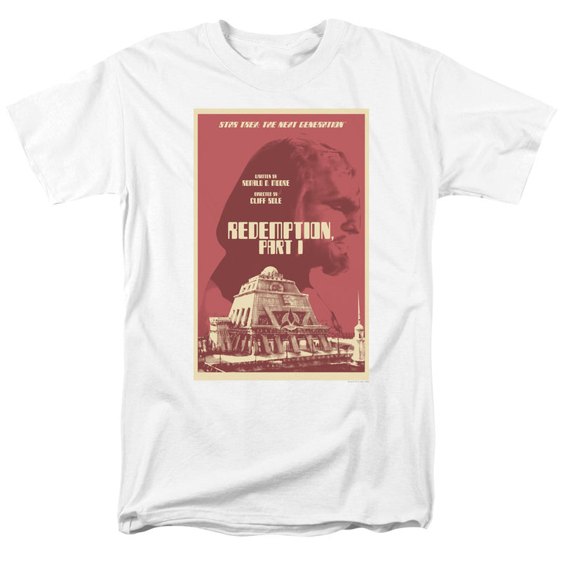 White tee with red and cream poster art: "STAR TREK: THE NEXT GENERATION" and "REDEMPTION, PART I" above a building.