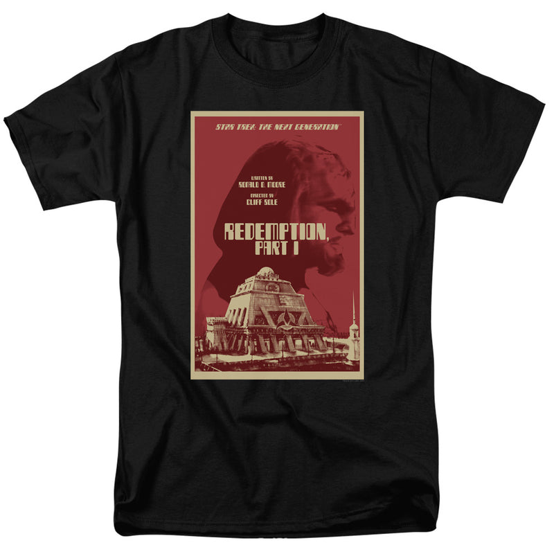 Black short-sleeved t-shirt featuring a red and tan poster with the text 'Redemption, Part I' above a domed building.