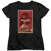 Women's fitted black t-shirt showing the same red and tan Star Trek: The Next Generation 'Redemption, Part I' poster design with a domed building.