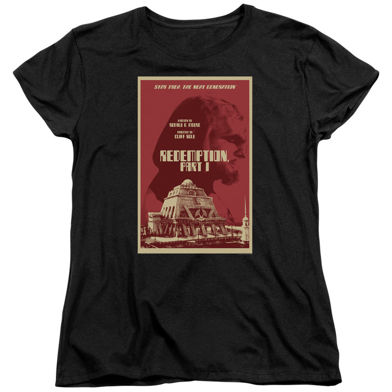 Women's fitted black t-shirt showing the same red and tan Star Trek: The Next Generation 'Redemption, Part I' poster design with a domed building.