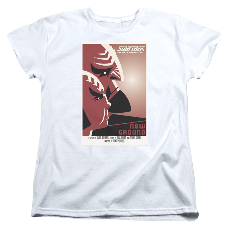 Women's fitted white t-shirt with the same 'New Ground' poster design, text in red at lower right.