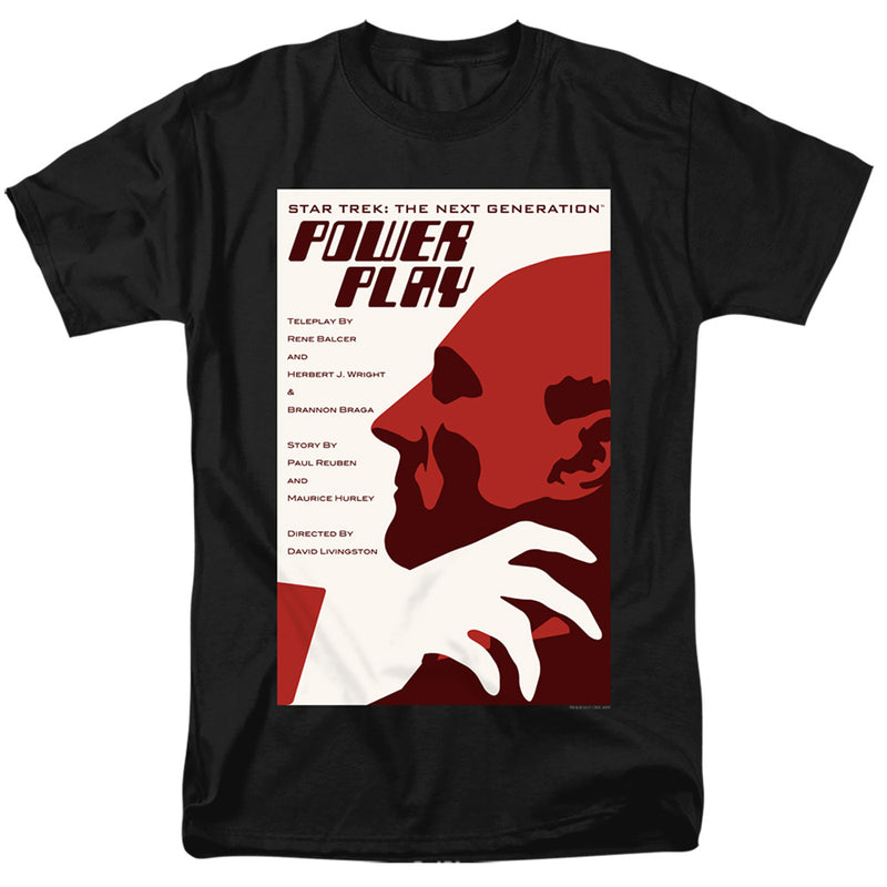 Black short-sleeved t-shirt featuring a Star Trek: The Next Generation 'Power Play' episode poster with a red profile silhouette.