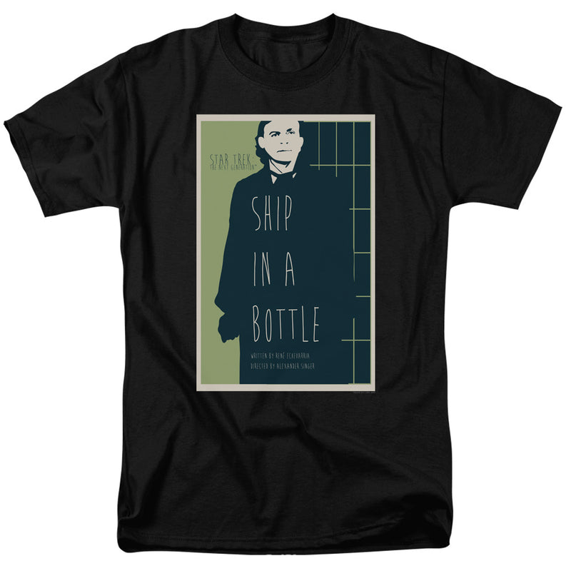 Black Star Trek The Next Generation t-shirt with a green and navy poster design reading "SHIP IN A BOTTLE" and "STAR TREK THE NEXT GENERATION".