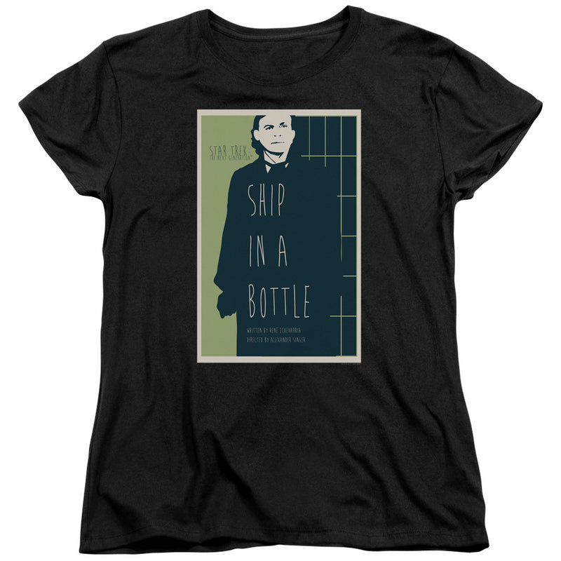 Black women's t-shirt with a green and navy poster design of a man in a dark coat, reading "SHIP IN A BOTTLE" and "STAR TREK THE NEXT GENERATION".