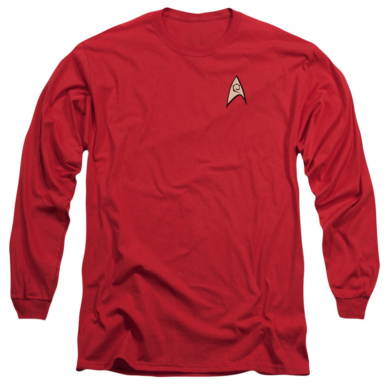 Red long-sleeve crew neck shirt with a small tan Starfleet insignia on the left chest, featuring a black outline and a central swirl design.