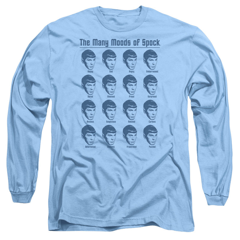 Light blue long-sleeved shirt featuring a grid of Spock faces labeled with moods, with the text 'The Many Moods of Spock' in blue above.