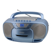 Light blue Jensen portable boombox with a carry handle, silver speaker grilles, a blue LCD display, and a CD door on the front.