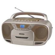 Champagne gold Jensen portable boombox with carrying handle, telescoping antenna, CD door, cassette door, and 'JENSEN' logo on the front panel.