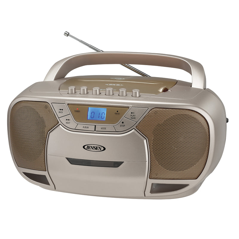 Champagne gold Jensen portable boombox with carrying handle, telescoping antenna, CD door, cassette door, and 'JENSEN' logo on the front panel.
